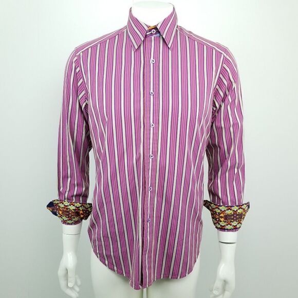 Robert Graham Purple Green Striped Button Down Shirt Embroidered Flip Cuff Small - Picture 1 of 8
